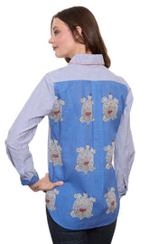Dizzy-Lizzie Chesapeake top featuring a turtle-back panel design, short-sleeve blouse in a casual, stylish fit.