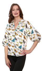 Dizzy-Lizzie Milano puff sleeve top with butterfly print, cotton voile fabric, ivory ground, stylish and lightweight women&