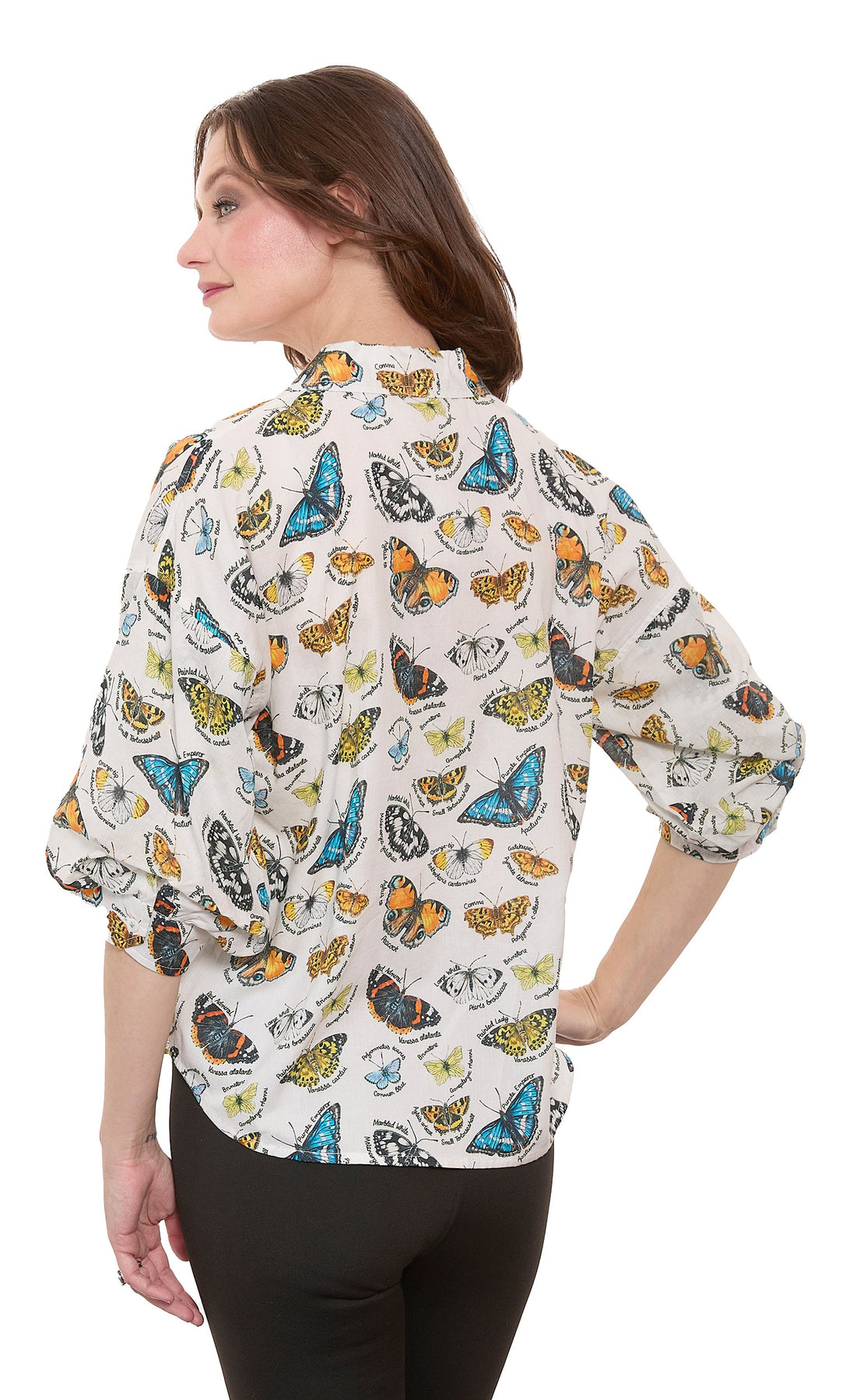 Dizzy-Lizzie Milano puff sleeve top with butterfly print on ivory cotton voile fabric, stylish and lightweight for warm weather.