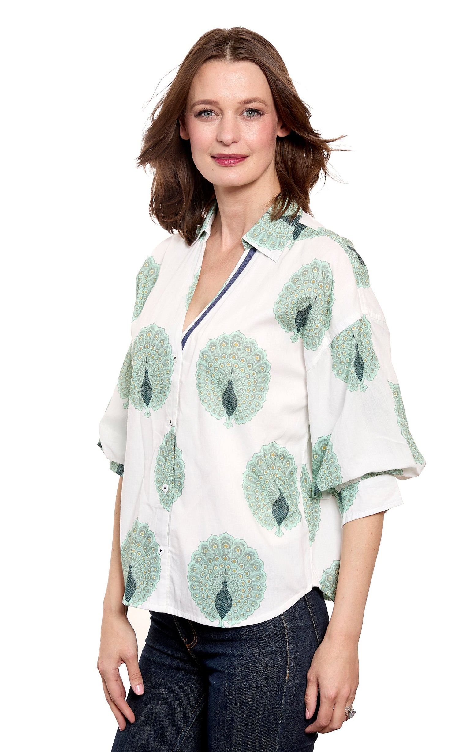 Dizzy-Lizzie Milano puff sleeve top with peacock print cotton voile in ivory and soft green, featuring elegant puffed sleeves.