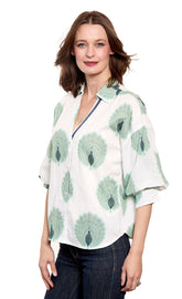 Dizzy-Lizzie Milano puff sleeve top with peacock print in cotton voile, featuring ivory and soft green colors.