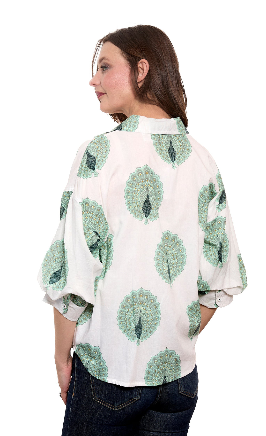 Dizzy-Lizzie Milano puff sleeve top with peacock print in cotton voile, featuring ivory and soft green colors.