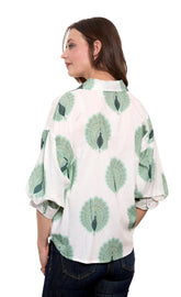 Dizzy-Lizzie Milano puff sleeve top with peacock print in cotton voile, featuring ivory and soft green colors.