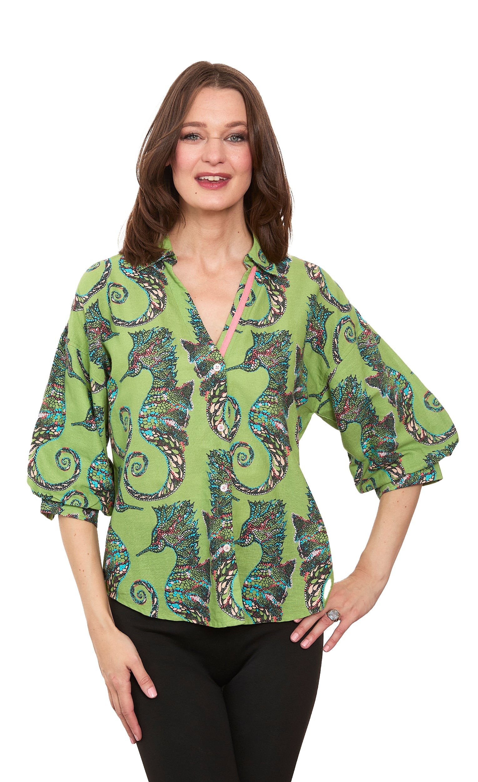 Dizzy-Lizzie Milano puff sleeve top with seahorse print, lightweight fabric, and stylish puffed sleeves for a trendy look.