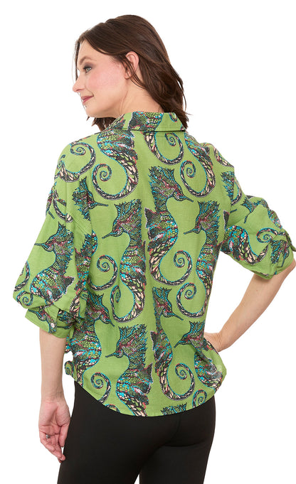Dizzy-Lizzie Milano puff sleeve top with seahorse print, lightweight fabric, and stylish design perfect for casual wear.