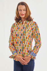 Dizzy-Lizzie Rome Shirt with paint stroke design, casual tops for women, lightweight and stylish with artistic print.