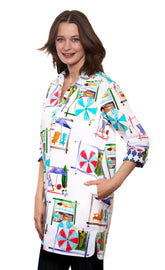 Dizzy-Lizzie Vail Tunic in white with beach chairs print, lightweight top perfect for casual summer wear.