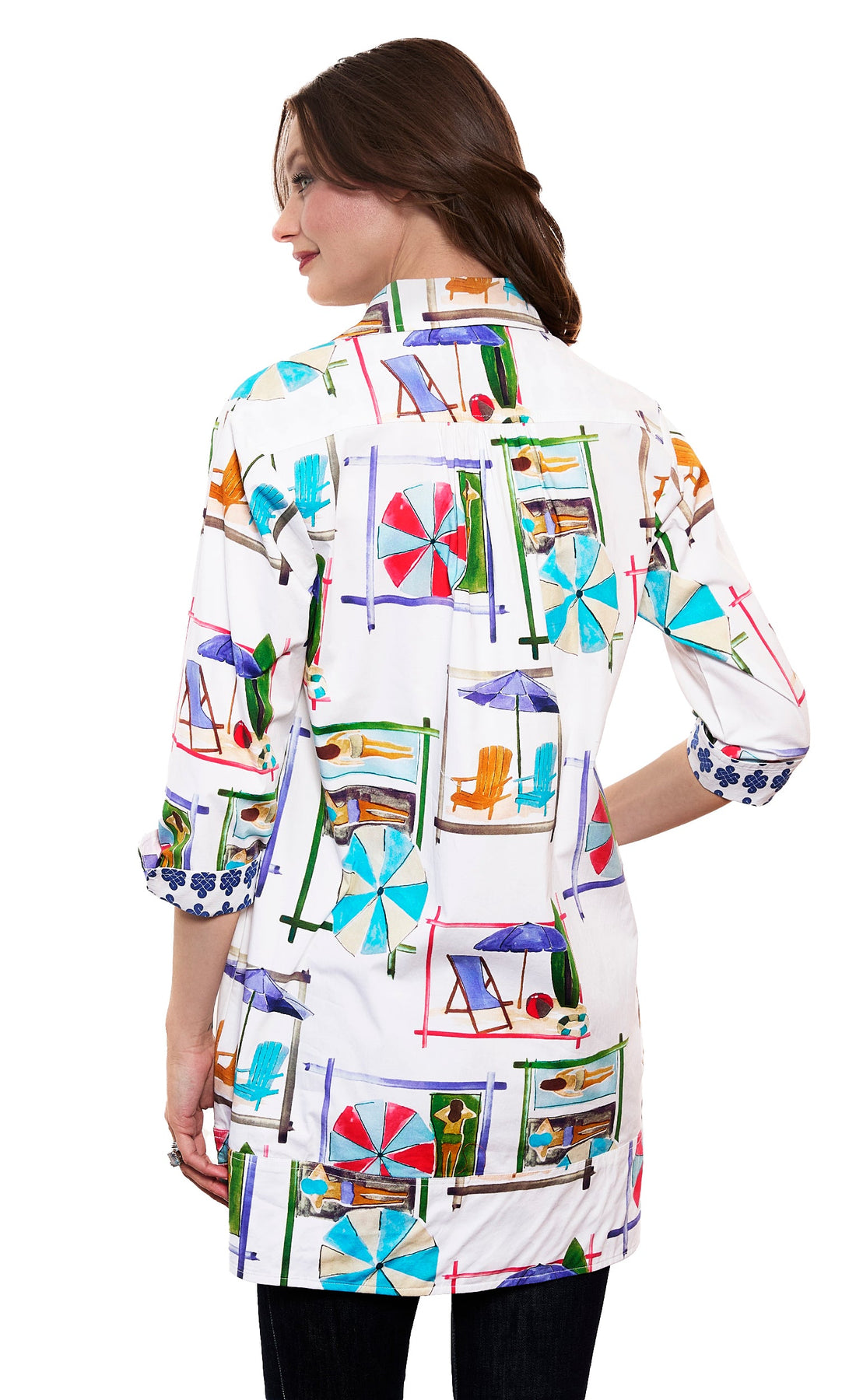 Dizzy-Lizzie Vail Tunic in white with beach chairs print, lightweight top perfect for casual summer wear.