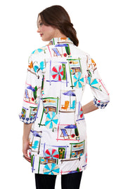 Dizzy-Lizzie Vail Tunic in white with beach chairs print, lightweight top perfect for casual summer wear.