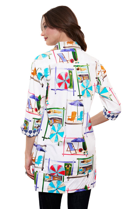 Dizzy-Lizzie Vail Tunic in white with beach chairs print, lightweight top with relaxed fit and casual style.