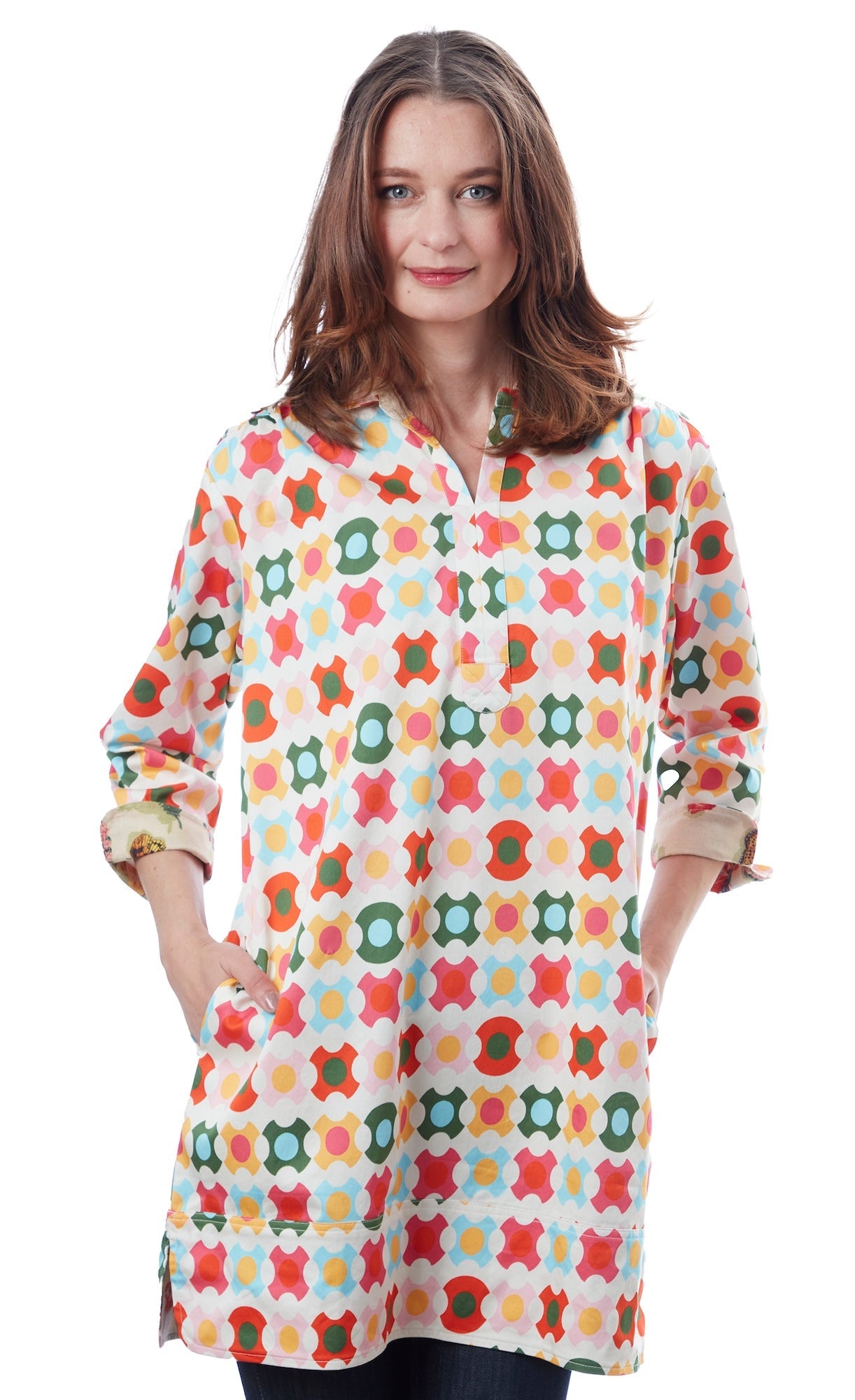 Colorful geometric patterned Vail Tunic by Dizzy-Lizzie, showcasing vibrant design and relaxed fit.