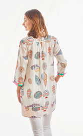 Dizzy-Lizzie Vail Tunic with multi-colored seashells pattern in lightweight voile fabric, casual fit, feminine style.