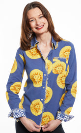 Dizzy-Lizzie Cape Cod Tunic in XS with a blue sunface design, lightweight fabric, and relaxed fit for casual wear.