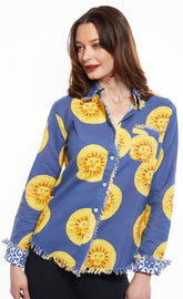 Dizzy-Lizzie Cape Cod Tunic in XS with a blue sunface design, lightweight fabric, and casual fit for beach or casual wear.