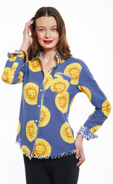 Dizzy-Lizzie Cape Cod Tunic with a blue sunface design, lightweight and casual, shown in XS size.
