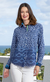 Navy and white Ikat print Cape Cod Tunic by Dizzy-Lizzie, lightweight sleeveless top with relaxed fit and stylish pattern.