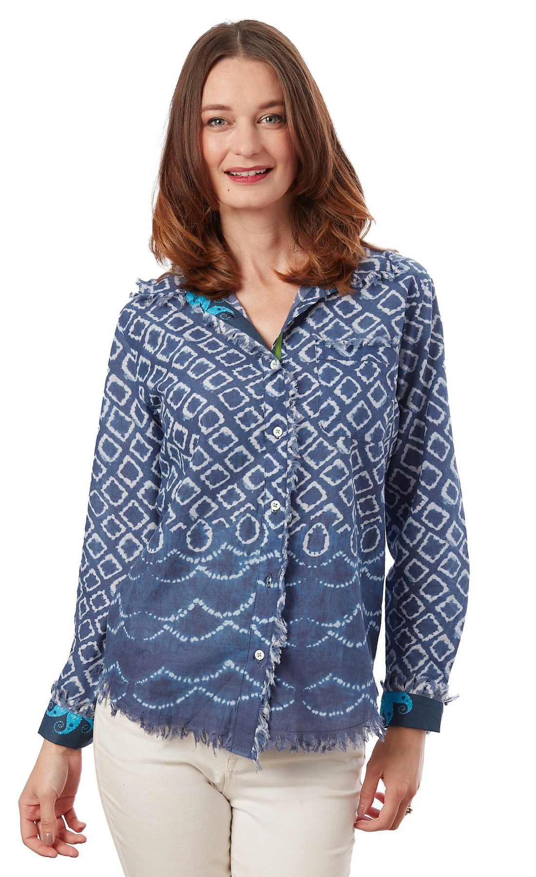 Navy and white Ikat print Cape Cod Tunic by Dizzy-Lizzie, featuring a relaxed fit and stylish design.