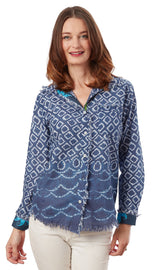 Navy and white Ikat print Cape Cod Tunic by Dizzy-Lizzie, featuring a relaxed fit and stylish design.