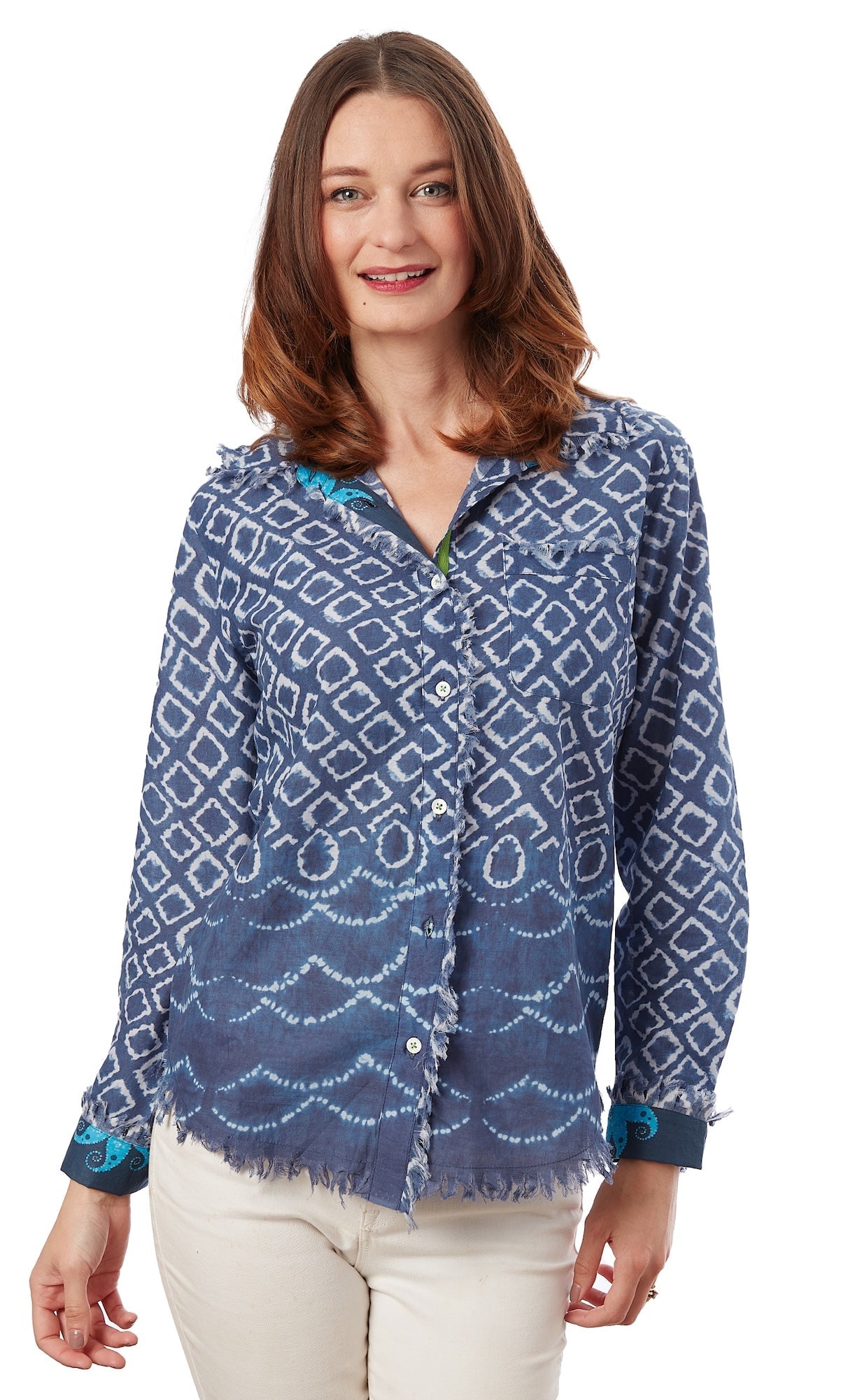 Navy and white Ikat print Cape Cod Tunic by Dizzy-Lizzie, featuring a relaxed fit and stylish pattern on lightweight fabric.