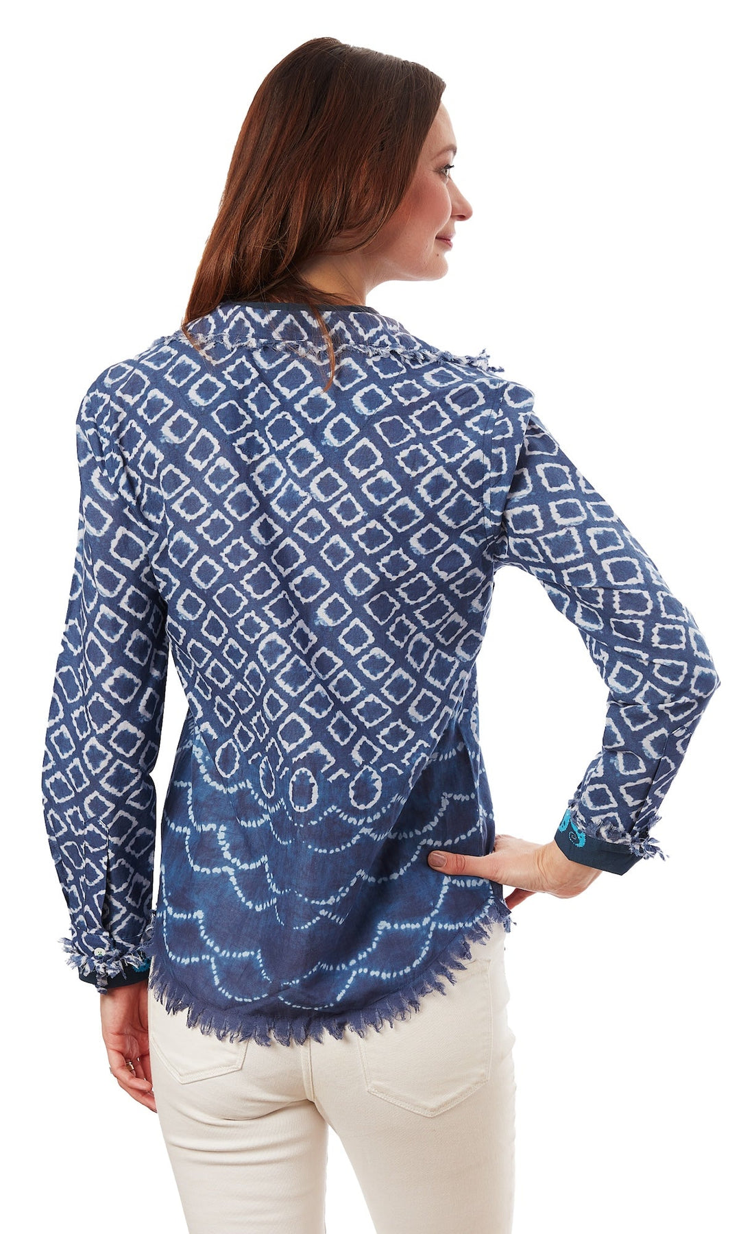 Dizzy-Lizzie Cape Cod Tunic in navy and white ikat print, lightweight blouse with relaxed fit and stylish design.