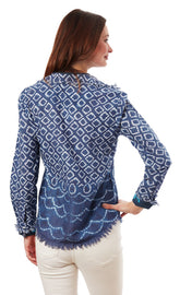 Dizzy-Lizzie Cape Cod Tunic in navy and white ikat print, lightweight blouse with relaxed fit and stylish design.