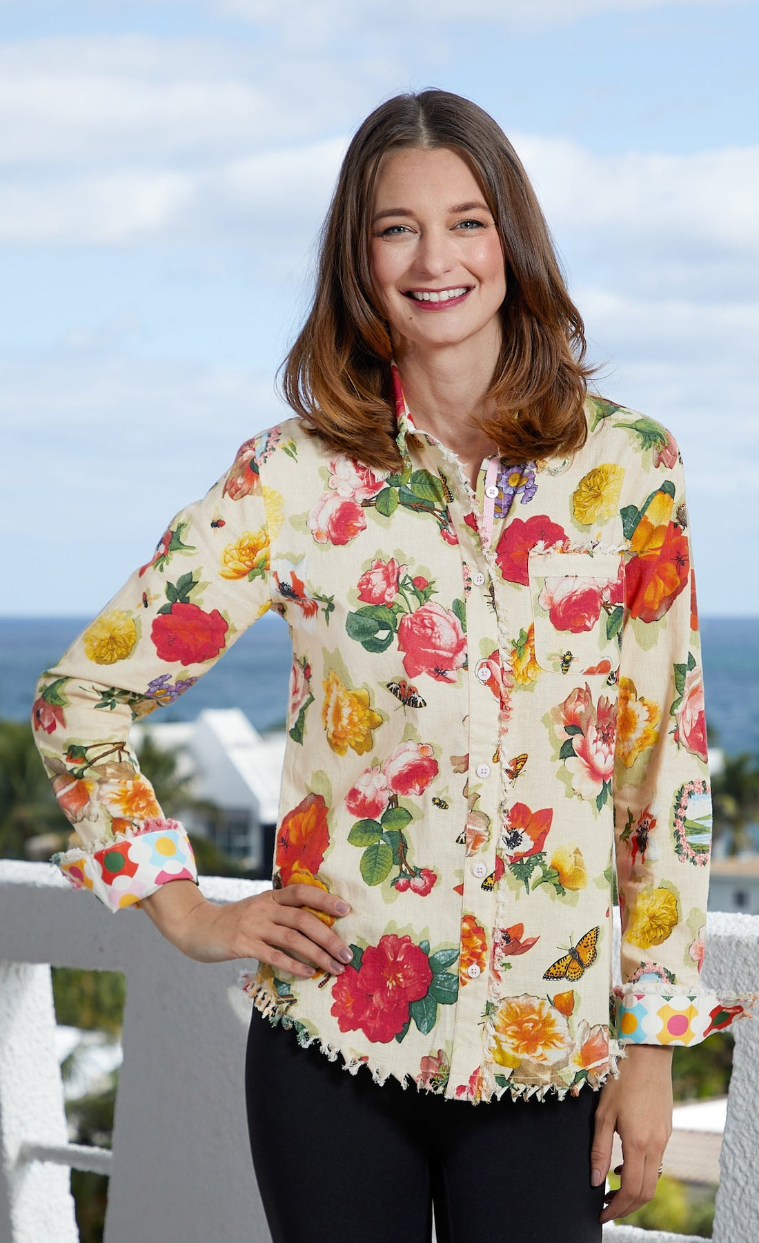 Dizzy-Lizzie Cape Cod Tunic with botanical print, lightweight fabric, and relaxed fit, displayed on a hanger.