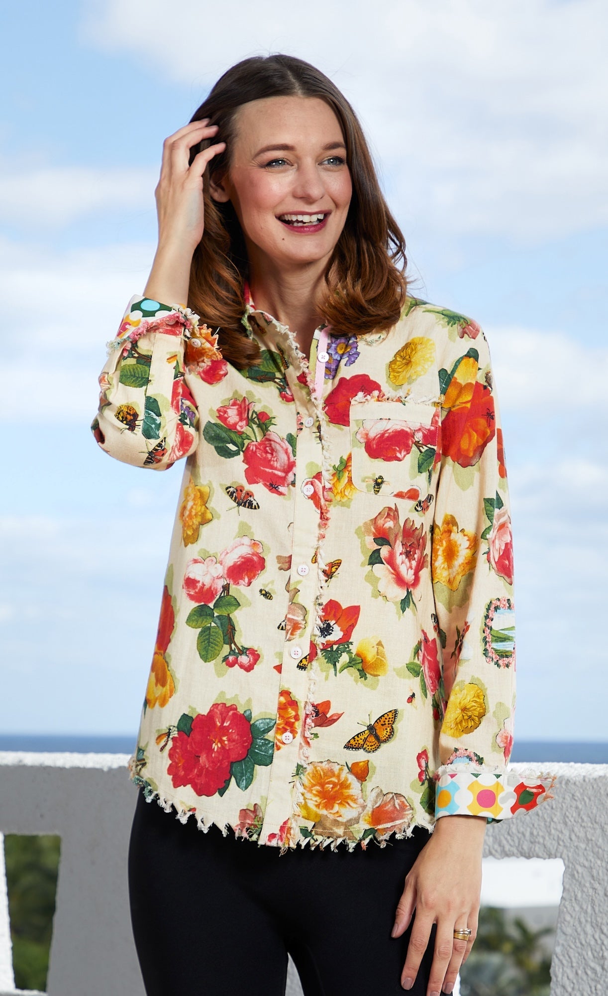 Dizzy-Lizzie Cape Cod Tunic with botanical print, lightweight fabric, and relaxed fit, featuring floral patterns in natural colors.