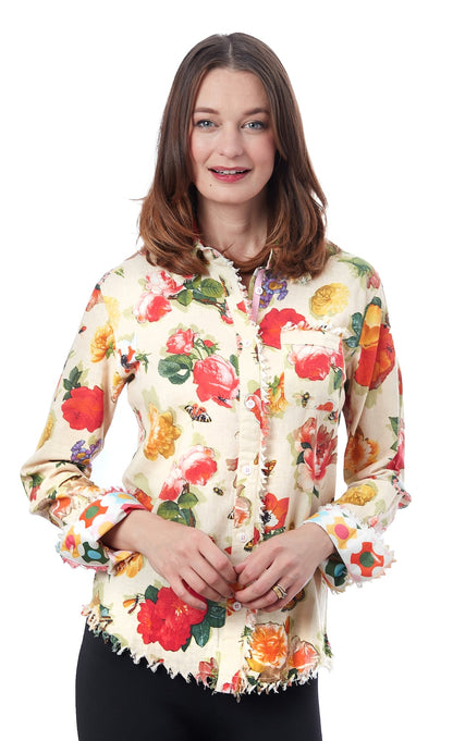 Dizzy-Lizzie Cape Cod Tunic with botanical print, lightweight fabric, and relaxed fit, displayed on a hanger.