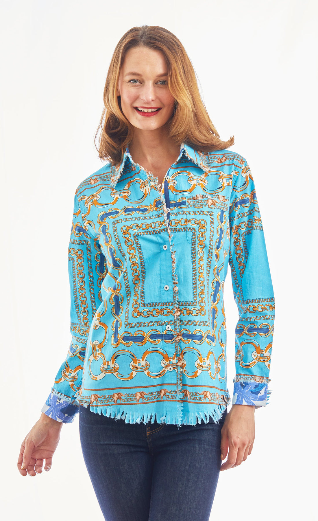Blue Cape Cod Tunic by Dizzy-Lizzie featuring a relaxed fit and stylish design, shown on a model.