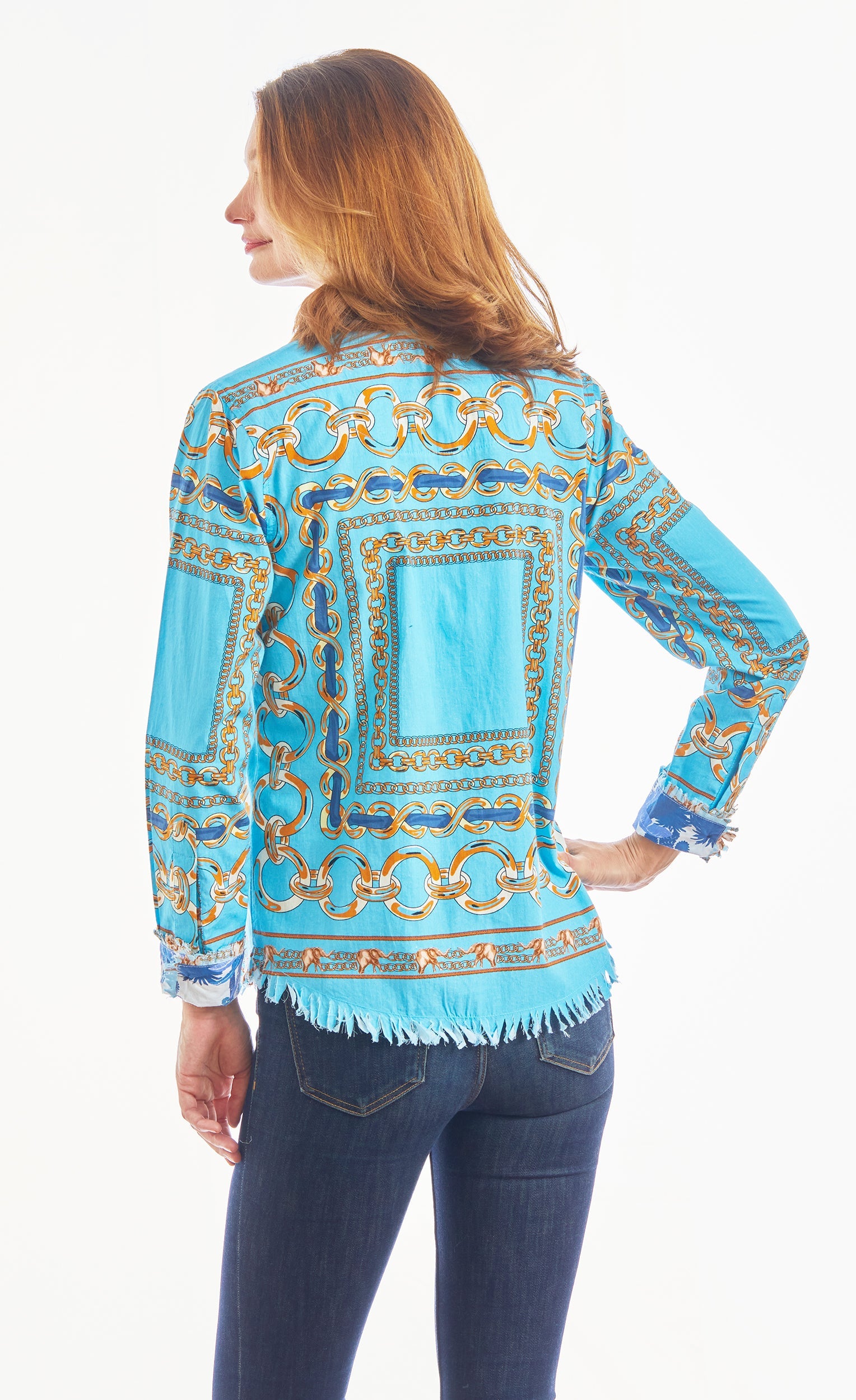 Blue Cape Cod Tunic by Dizzy-Lizzie featuring a relaxed fit and lightweight fabric, displayed on a hanger.