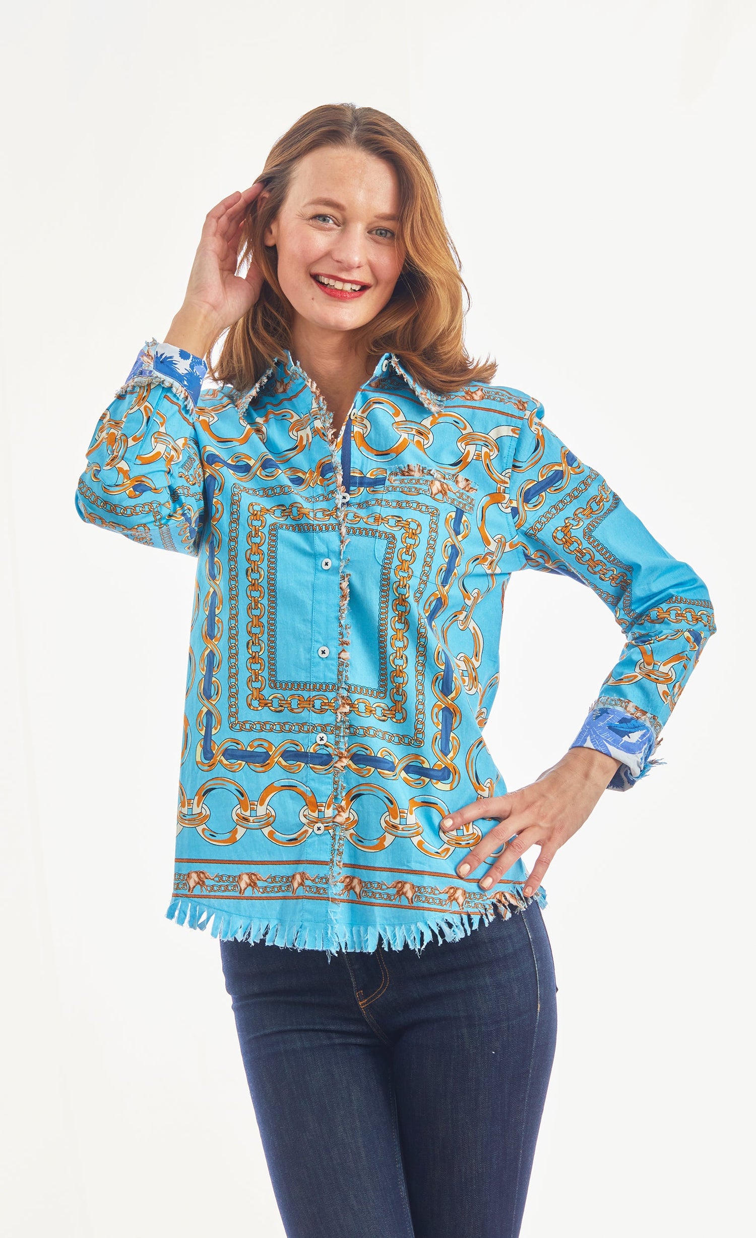 Blue Cape Cod Tunic by Dizzy-Lizzie featuring a relaxed fit and stylish design, displayed on a hanger.