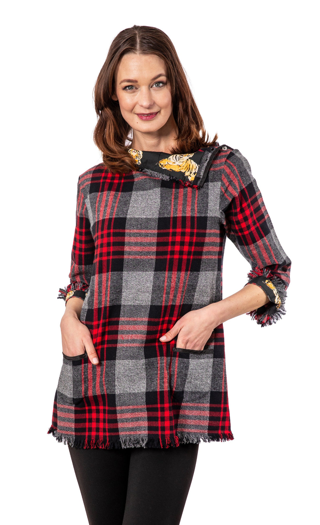 Red and black plaid flannel tunic by Dizzy-Lizzie featuring a relaxed fit and yarndyed fabric for cozy style.