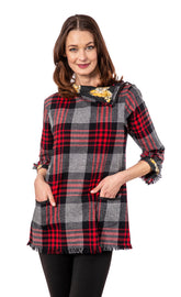 Red and black yarndyed plaid flannel tunic by Dizzy-Lizzie featuring a cozy, relaxed fit with long sleeves and a classic design.