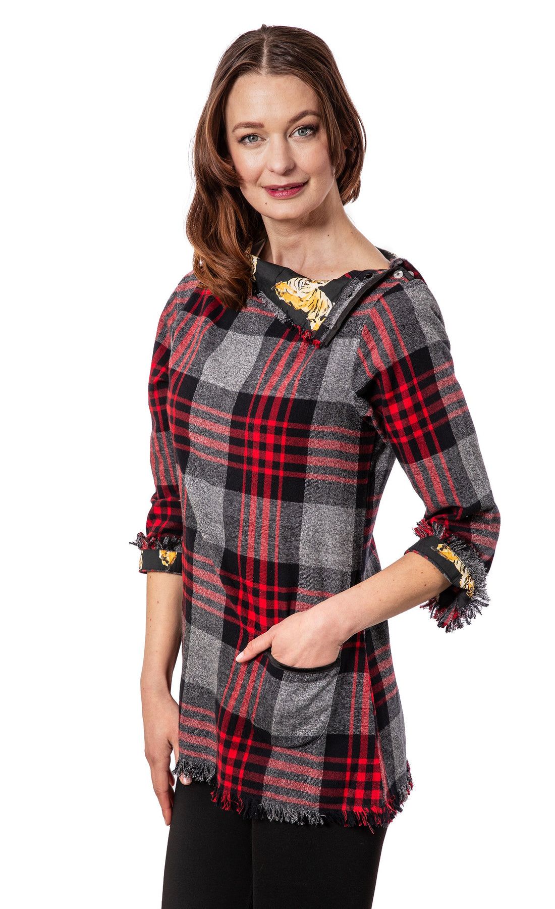 Dizzy-Lizzie Aspen Flannel Tunic in red and black yarndyed plaid, casual long-sleeve top with relaxed fit and button details.