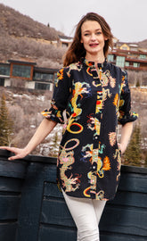 Black tunic with ruffle details and dragon print by Dizzy-Lizzie, featuring a relaxed, oversized fit and stylish design.