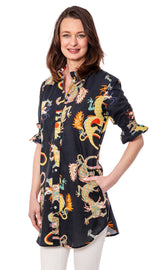 Black ruffle tunic with dragon design by Dizzy-Lizzie, featuring a loose fit and stylish oversized shirt style.