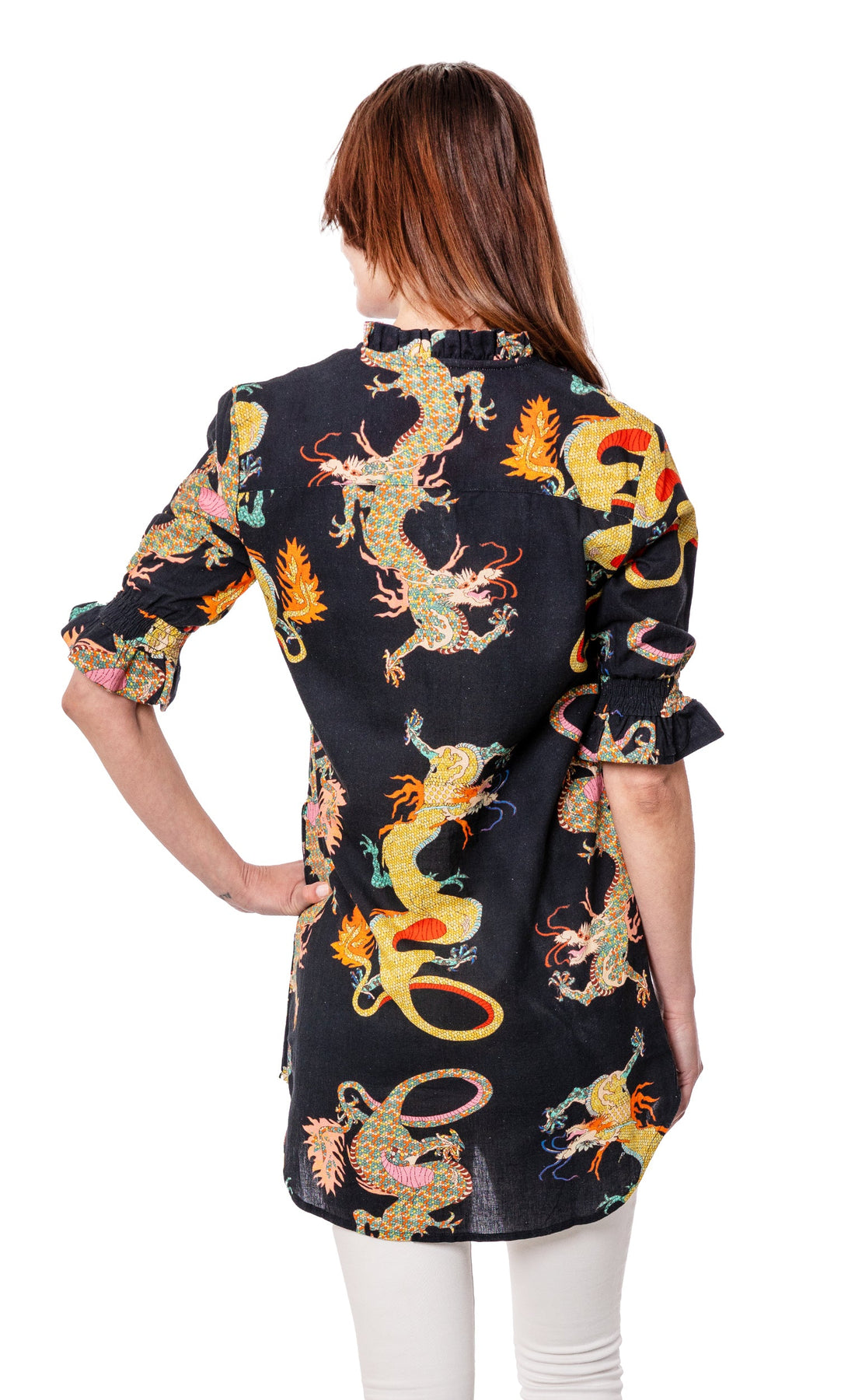 Black ruffle tunic featuring a bold dragon design by Dizzy-Lizzie, styled as a loose, oversized big shirt tunic.
