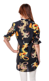 Black ruffle tunic featuring a bold dragon design by Dizzy-Lizzie, styled as a loose, oversized big shirt tunic.