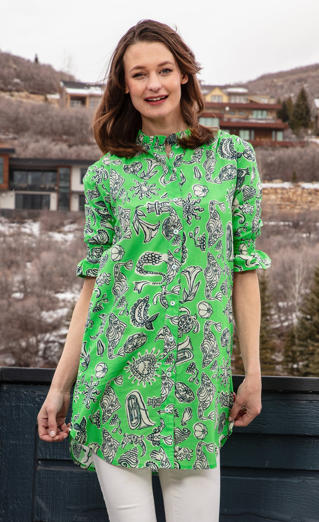 Dizzy-Lizzie Big Shirt Tunic with ruffle details in green whimsical print, featuring a loose fit and stylish design.