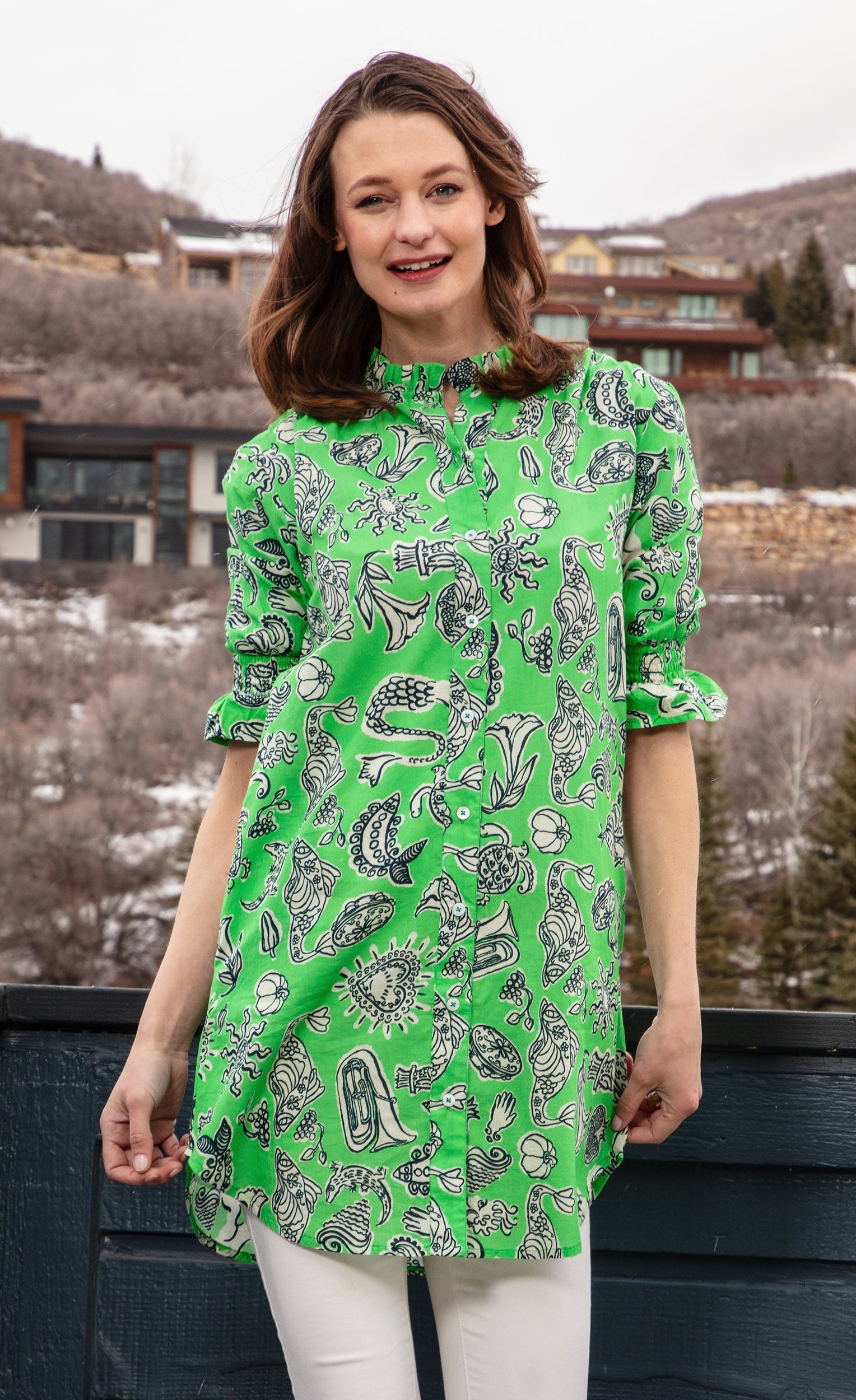 Dizzy-Lizzie Big Shirt Tunic with ruffle details in green whimsical print, featuring a loose fit and stylish design.