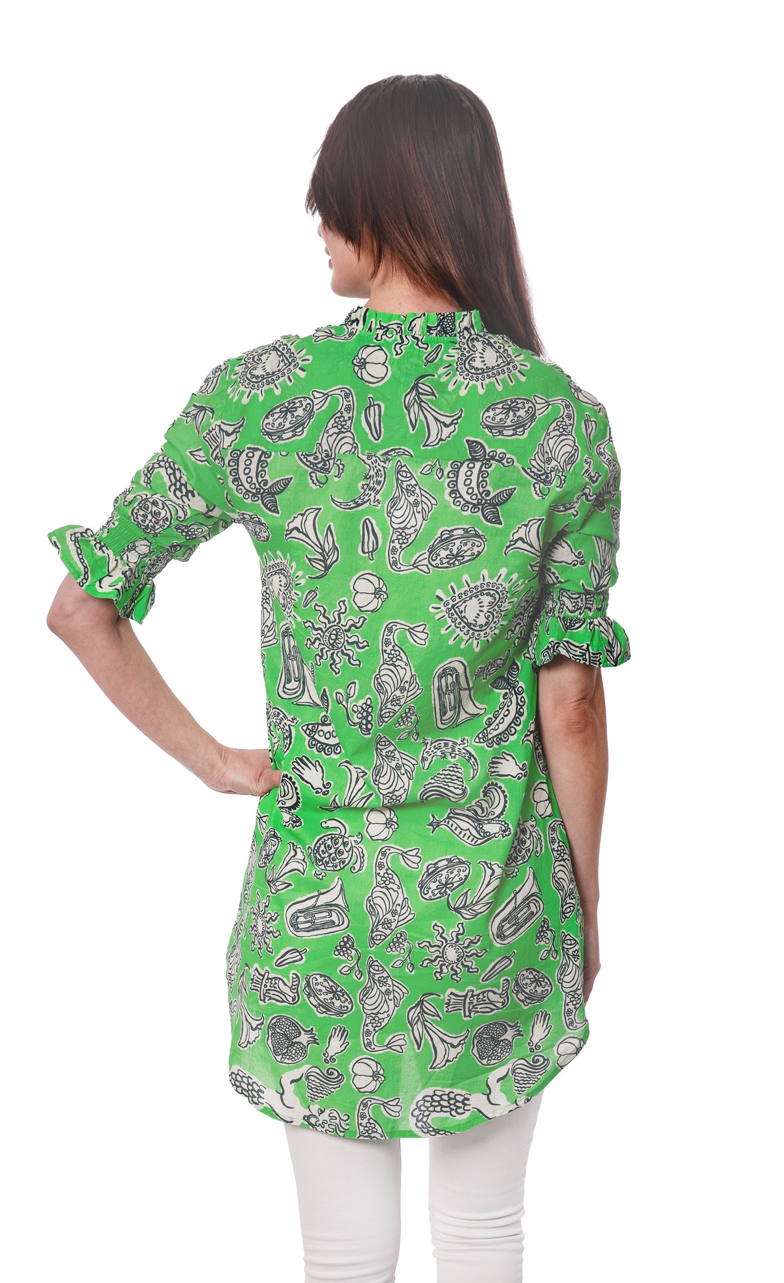 Dizzy-Lizzie green ruffle print tunic with whimsical floral design, loose fit, and stylish oversized shirt style.