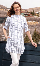 White geo Big Shirt Tunic with ruffle sleeves by Dizzy-Lizzie, featuring a loose fit and stylish design.
