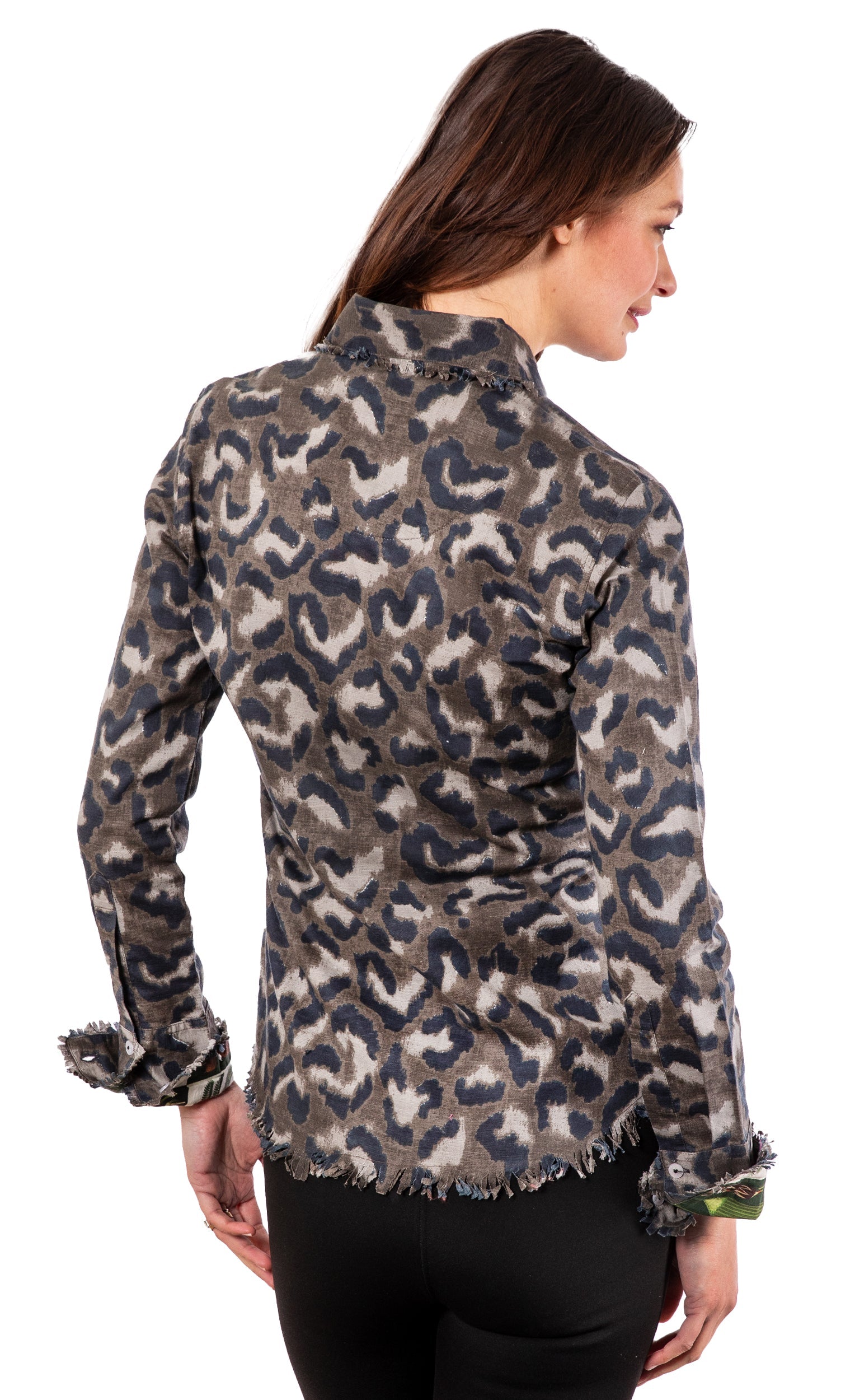 Dizzy-Lizzie Cape Cod Leopard Camo Print tunic featuring a stylish animal print design on lightweight fabric.
