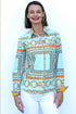 Dizzy-Lizzie Cape Cod Tunic in aqua ground fabric with orange link pattern, casual sleeveless top for women.