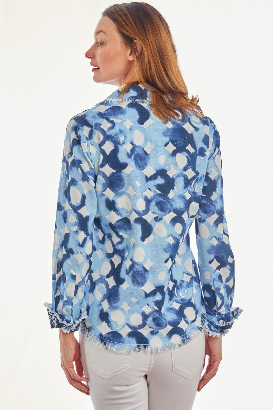 Dizzy-Lizzie Cape Cod Tunic in blues with watercolor print, lightweight fabric, and relaxed fit, perfect for casual wear.
