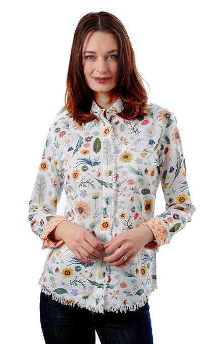 Dizzy-Lizzie Cape Cod Tunic with botanical print, lightweight fabric, and relaxed fit, featuring vibrant floral patterns.