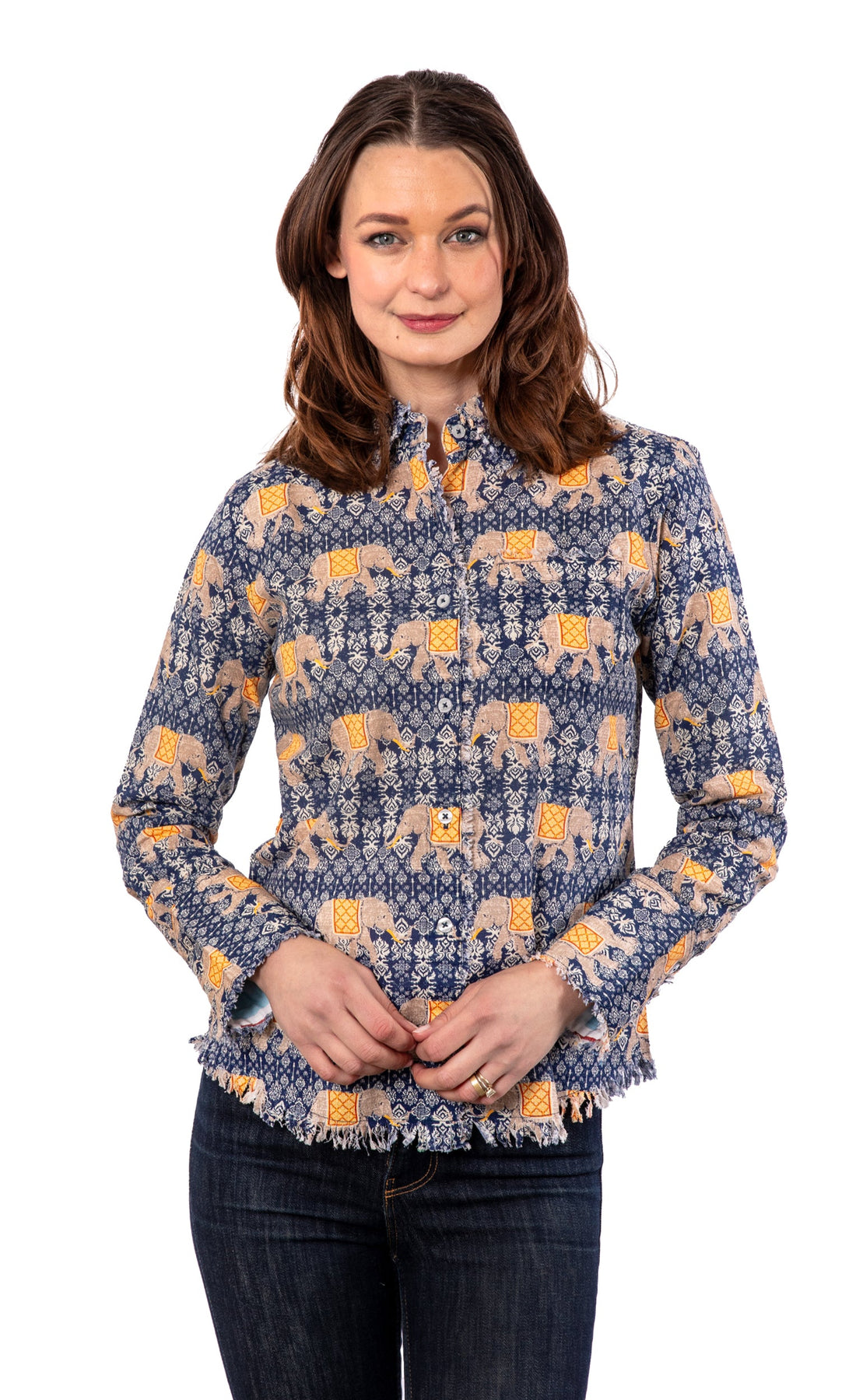 Dizzy-Lizzie Cape Cod Tunic with floral pattern, lightweight fabric, and relaxed fit displayed on a hanger.