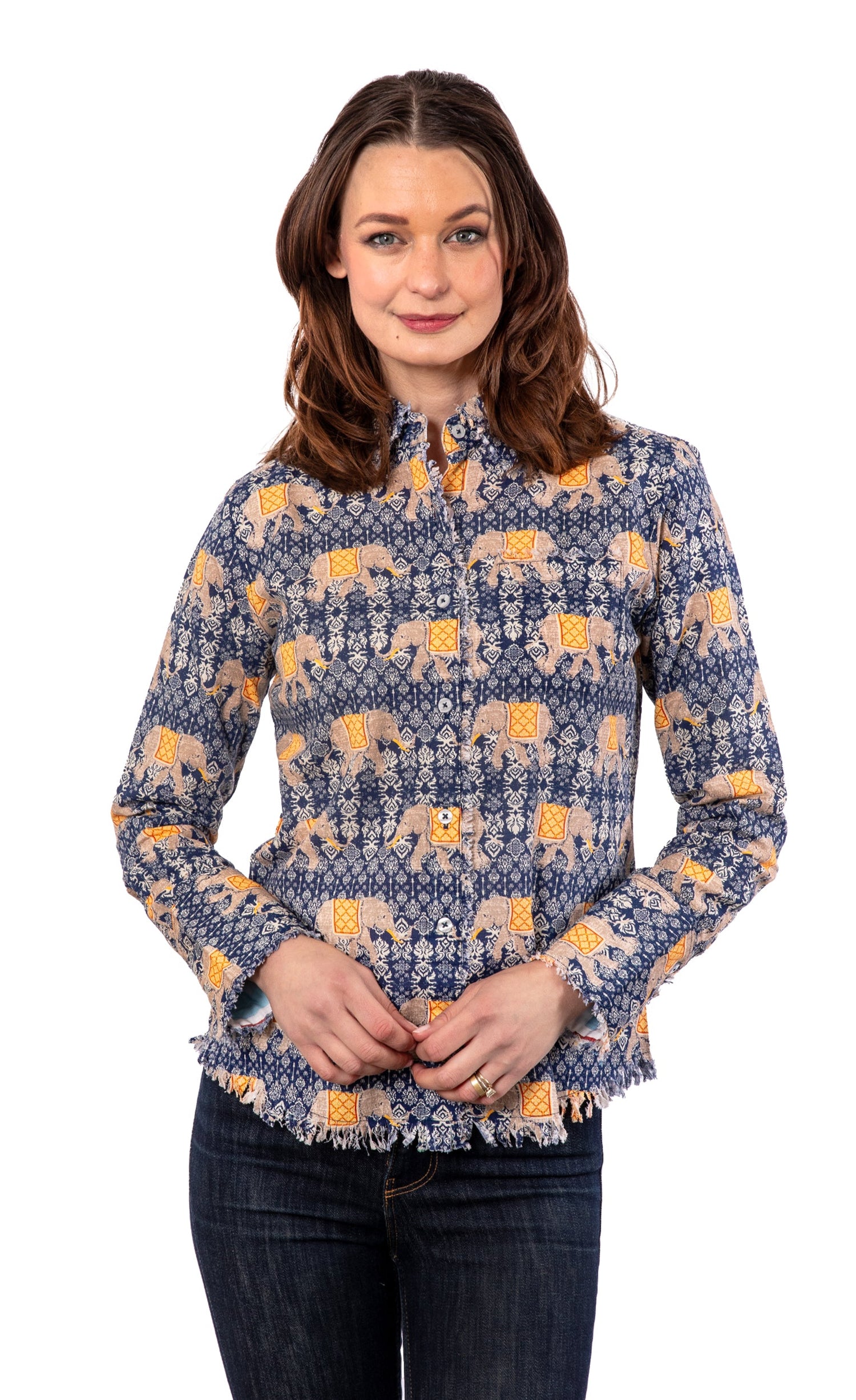 Dizzy-Lizzie Cape Cod Tunic with floral pattern, lightweight fabric, and relaxed fit displayed on a hanger.