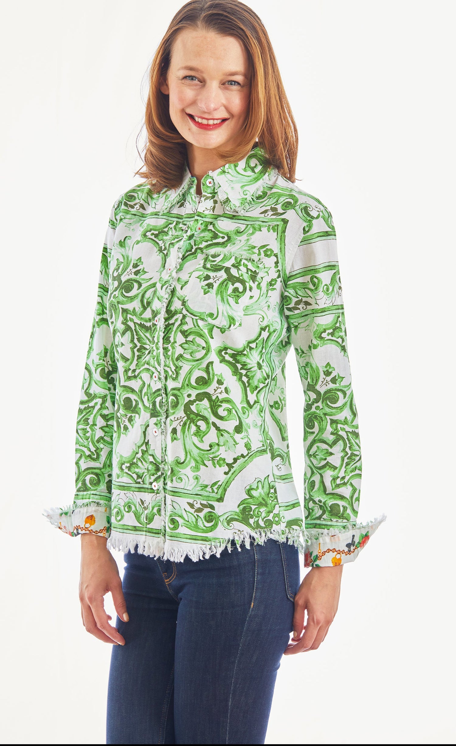 Green and white tile print Cape Cod tunic by Dizzy-Lizzie, featuring a relaxed fit and stylish design.
