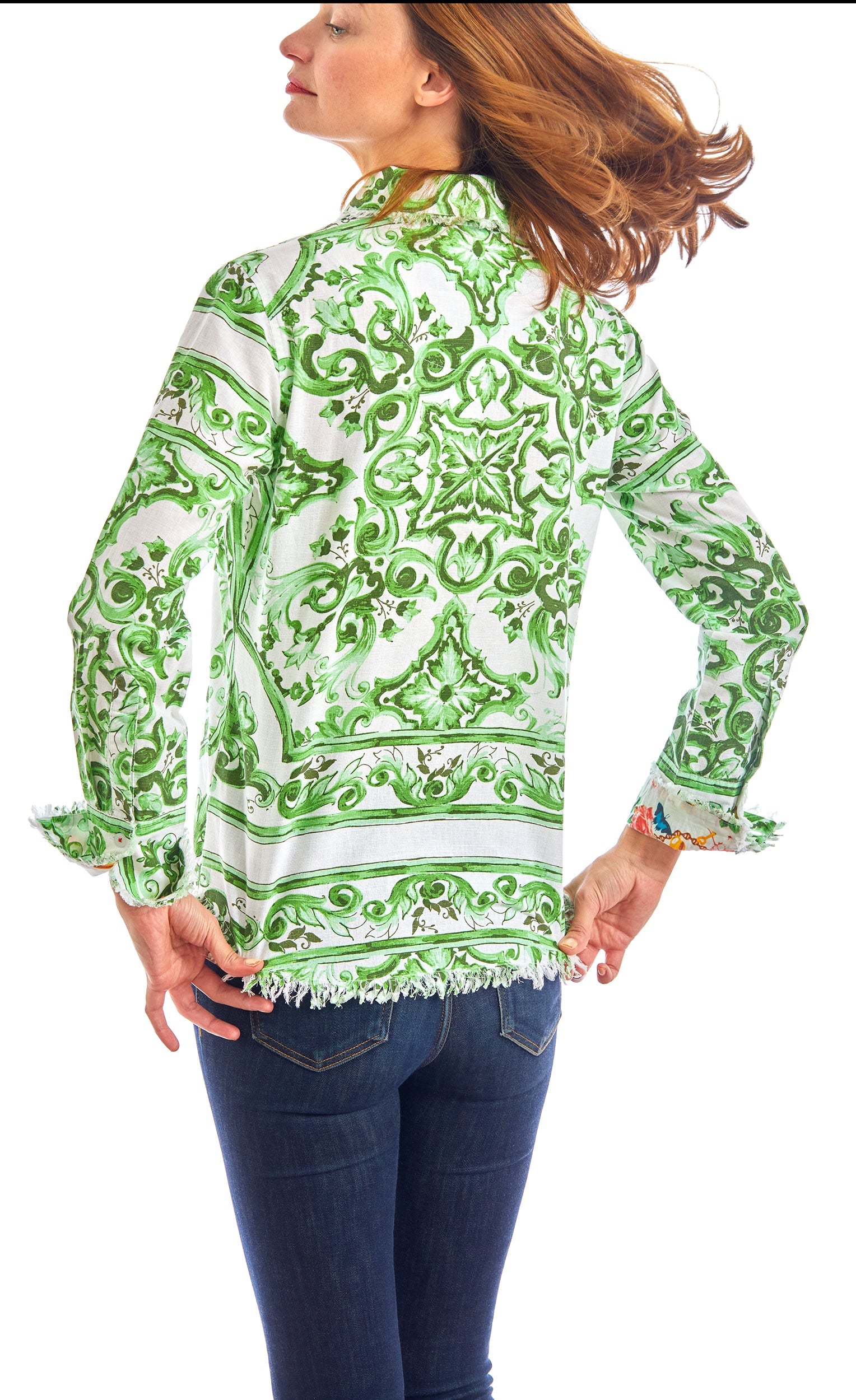 Dizzy-Lizzie Cape Cod Tunic in green and white tile print, lightweight sleeveless top with relaxed fit and casual style.
